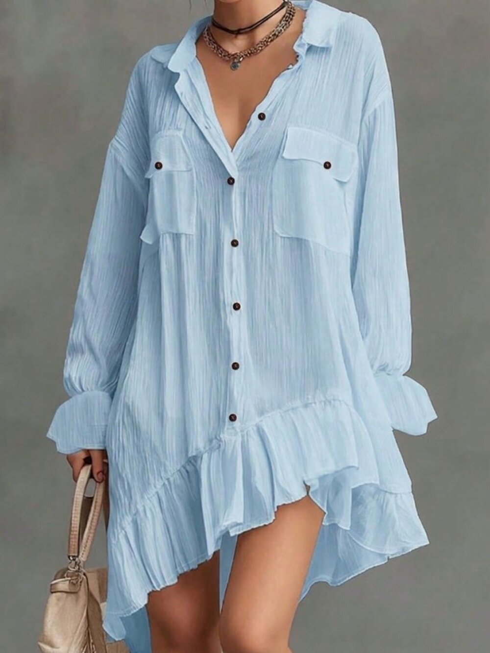 Baby Blue Casual Women's Button Dropped Shoulder Long Sleeve Ruffle Hem Dress
